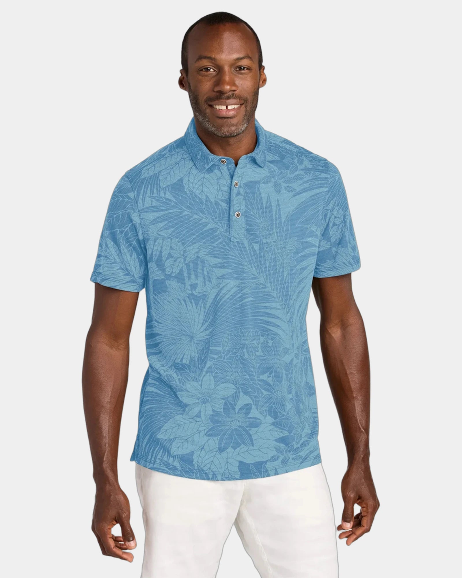 Custom tropical print moisture-wicking polo - Chambray Blue